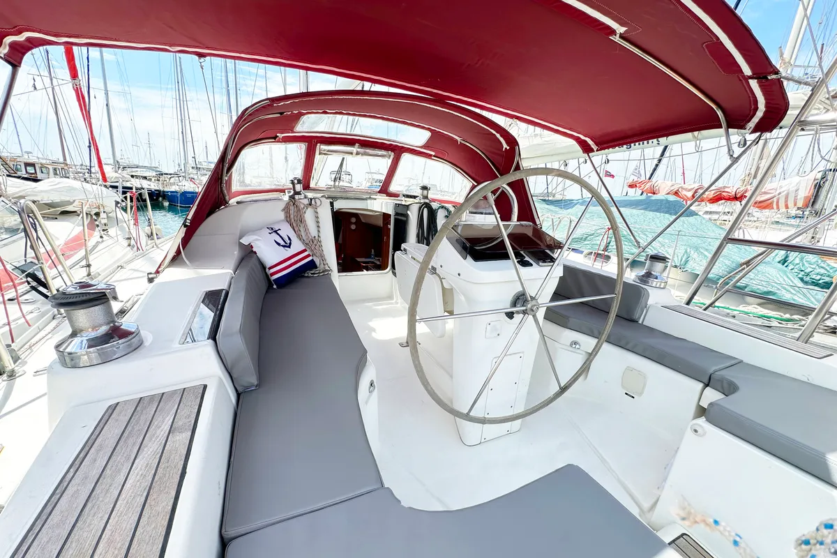 Cockpit of ARGO, a Beneteau Oceanis 393 sailboat at Marina Delta Kallithea, Greece