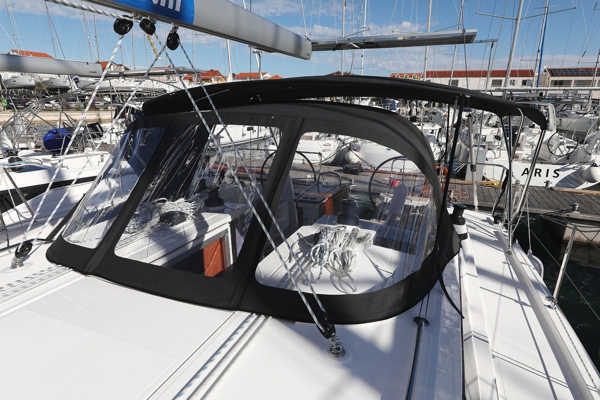 Deck of SeaTime, a Bavaria C42 sailboat at Pirovac, Croatia