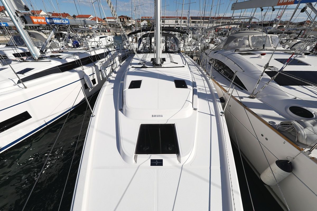 Deck of SeaTime, a Bavaria C42 sailboat at Pirovac, Croatia