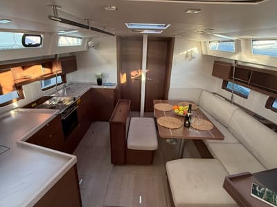 Salon of Athena 5, a Beneteau Oceanis 46.1 sailboat at Fethiye, Turkey