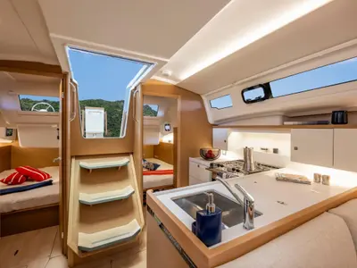 Galley of Starlet, a Jeanneau Sun Odyssey 415 sailboat at Gouvia, Greece