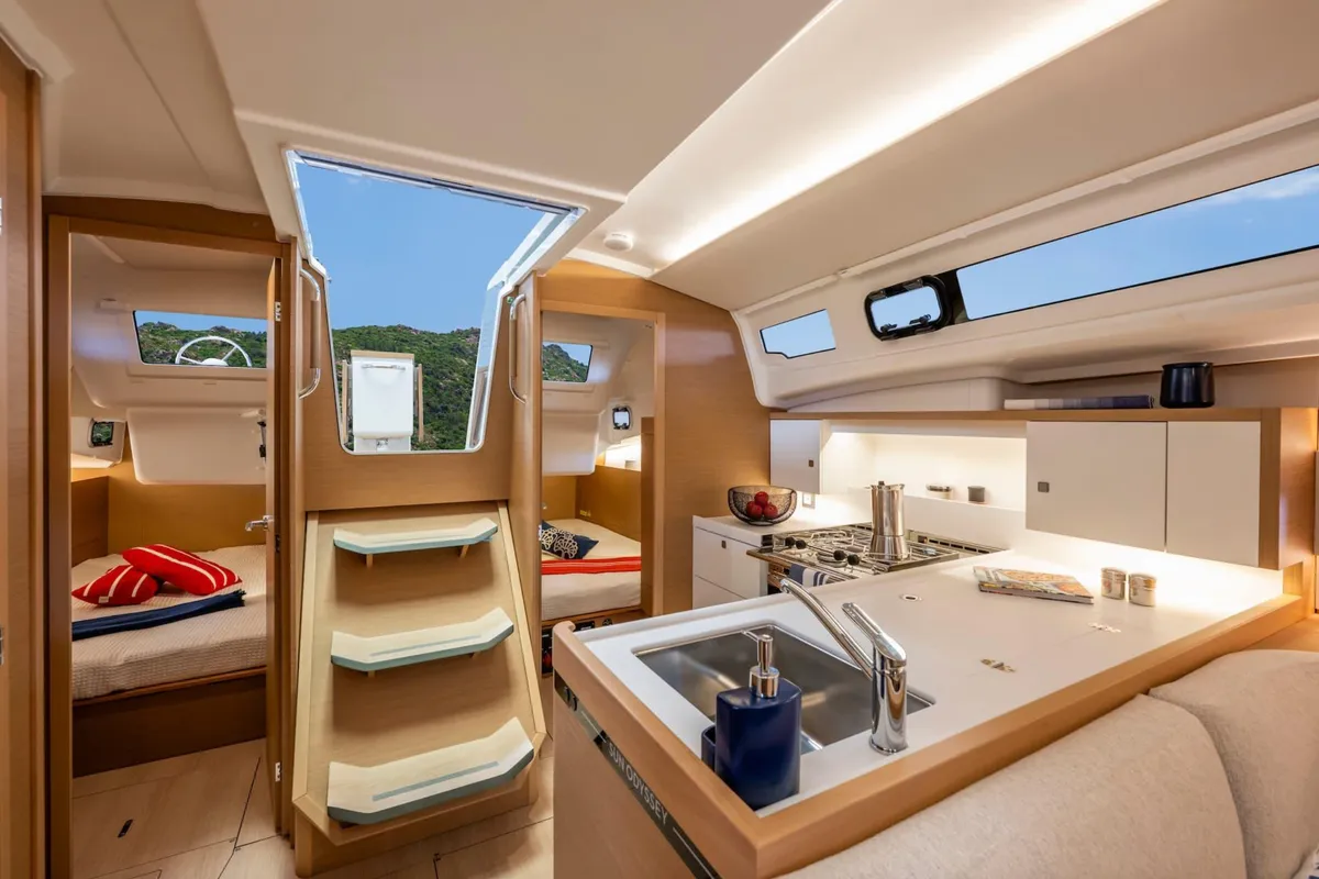 Galley of Starlet, a Jeanneau Sun Odyssey 415 sailboat at Gouvia, Greece