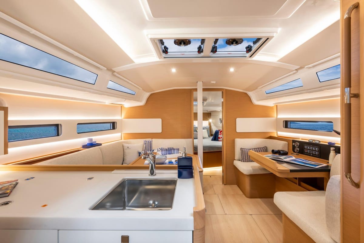 Salon of Starlet, a Jeanneau Sun Odyssey 415 sailboat at Gouvia, Greece