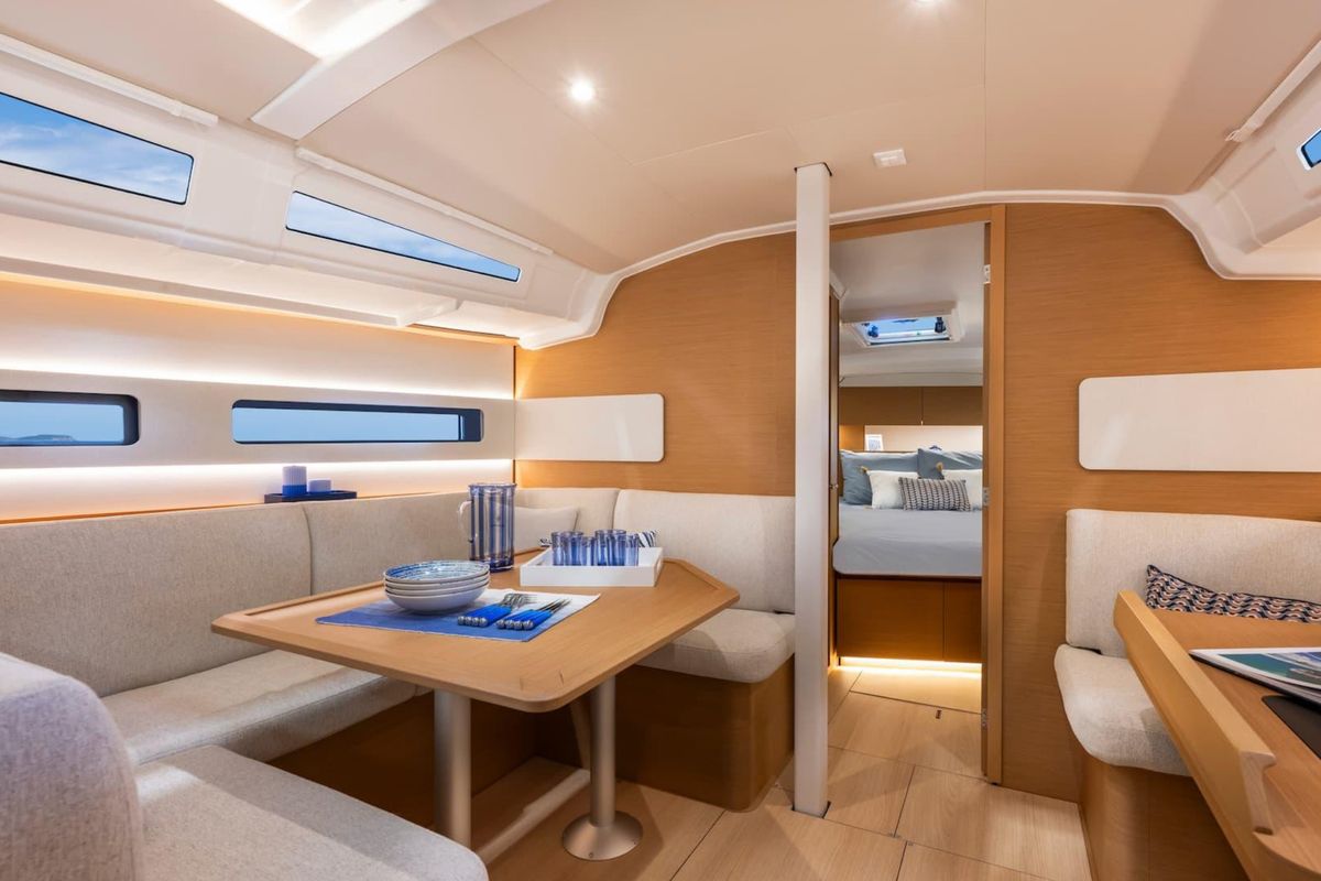 Salon of Starlet, a Jeanneau Sun Odyssey 415 sailboat at Gouvia, Greece