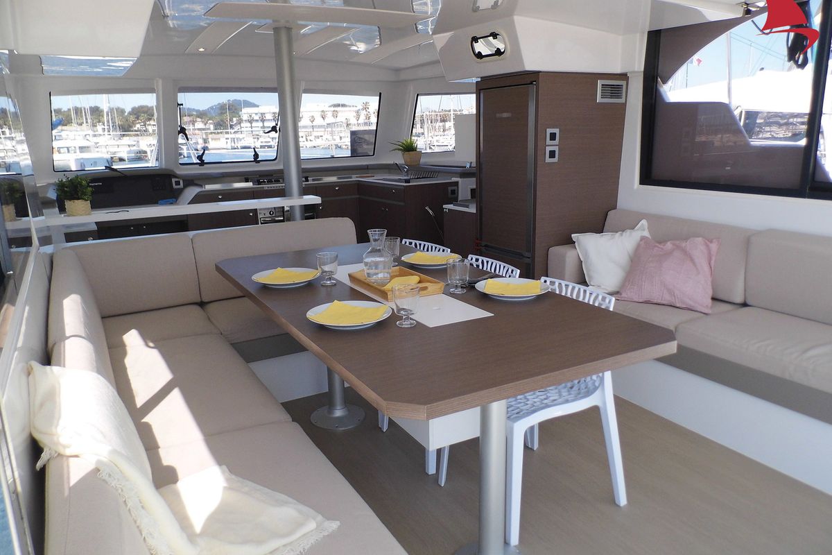 Salon of Moana, a Bali Catspace catamaran at Hyères, France