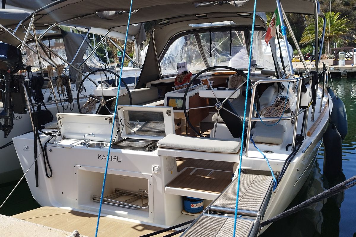 Exterior view of Karibu, a Dufour 360 GL sailboat at Olbia, Italy
