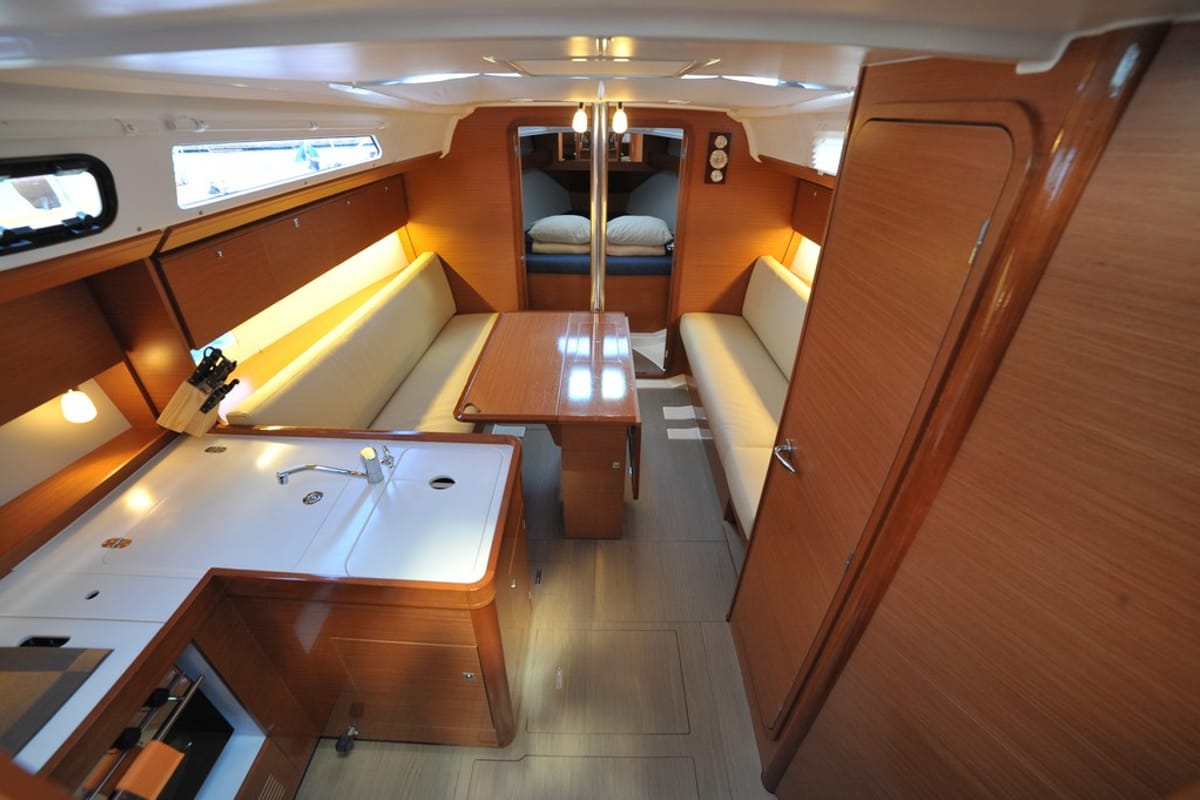 Salon of Karibu, a Dufour 360 GL sailboat at Olbia, Italy