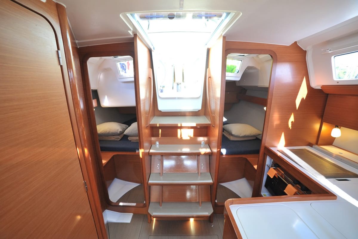 Cabin on Karibu, a Dufour 360 GL sailboat at Olbia, Italy
