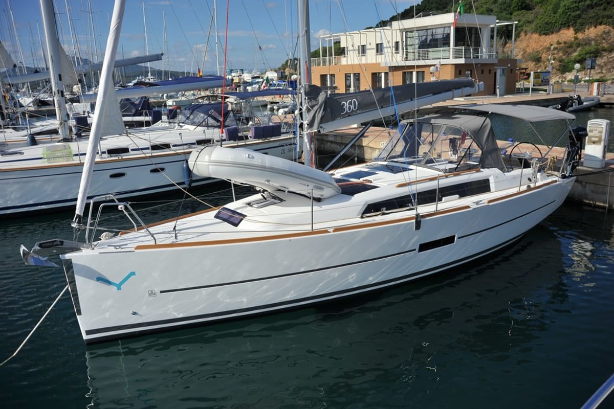 Exterior view of Karibu, a Dufour 360 GL sailboat at Olbia, Italy