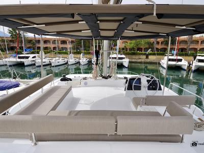 Deck of Antigone, a Bali 4.8 catamaran at Tonnarella, Italy