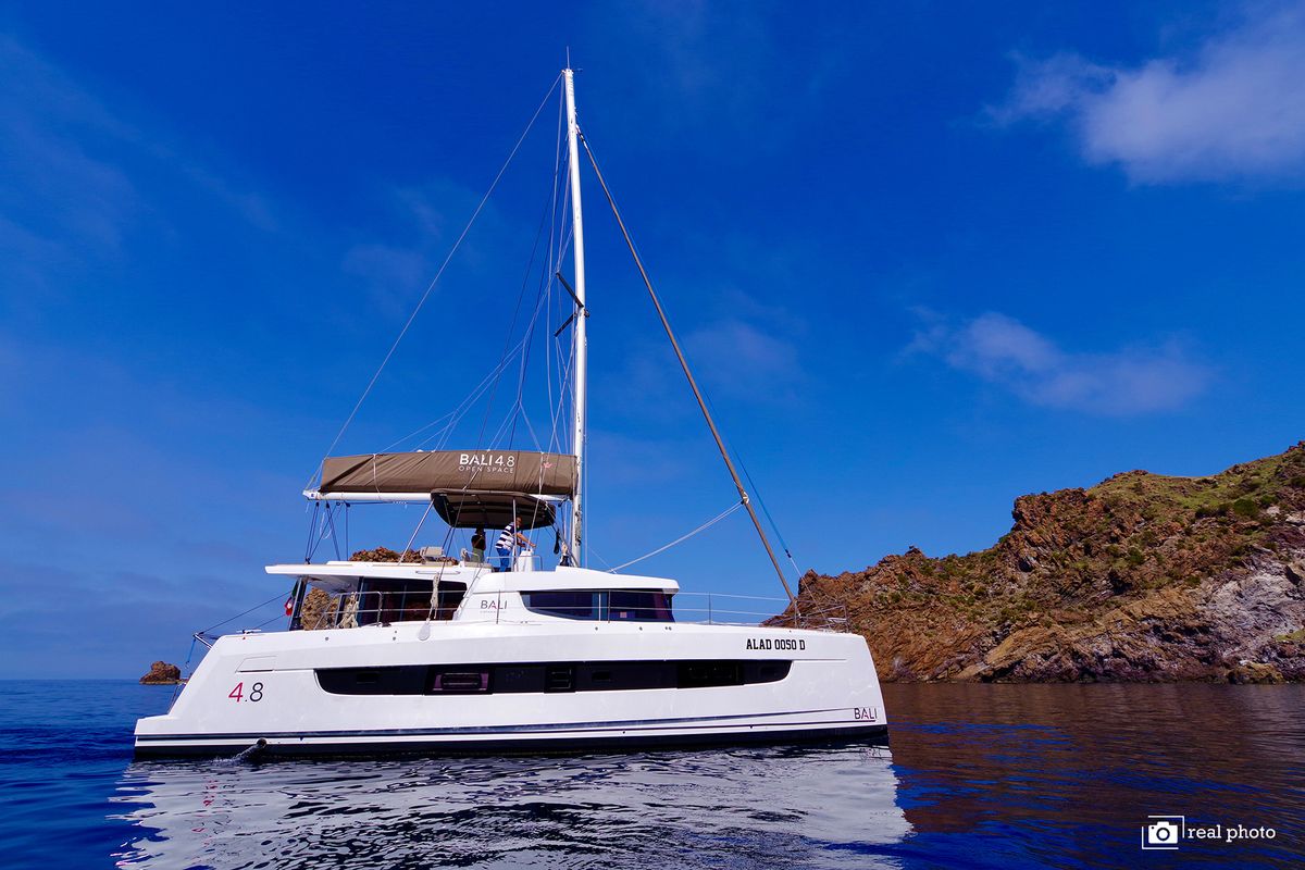 Exterior view of Antigone, a Bali 4.8 catamaran at Tonnarella, Italy