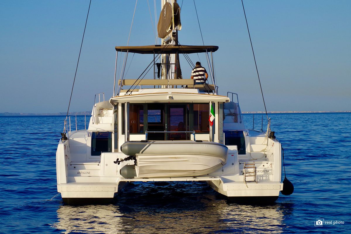 Exterior view of Antigone, a Bali 4.8 catamaran at Tonnarella, Italy