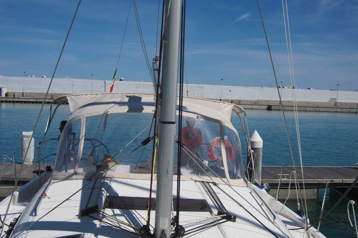 Deck of Enrica, a Jeanneau Sun Odyssey 440 sailboat at Capo d'Orlando, Italy