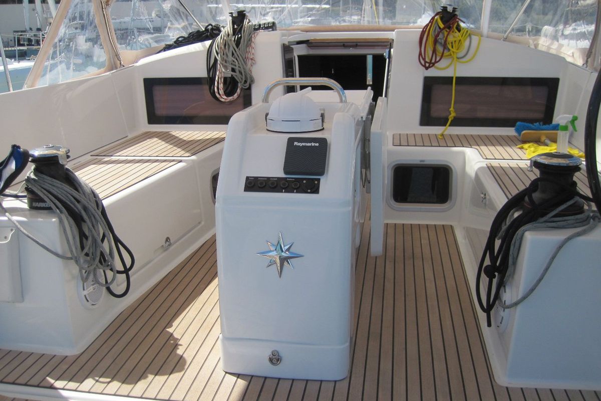 Cockpit of Enrica, a Jeanneau Sun Odyssey 440 sailboat at Capo d'Orlando, Italy