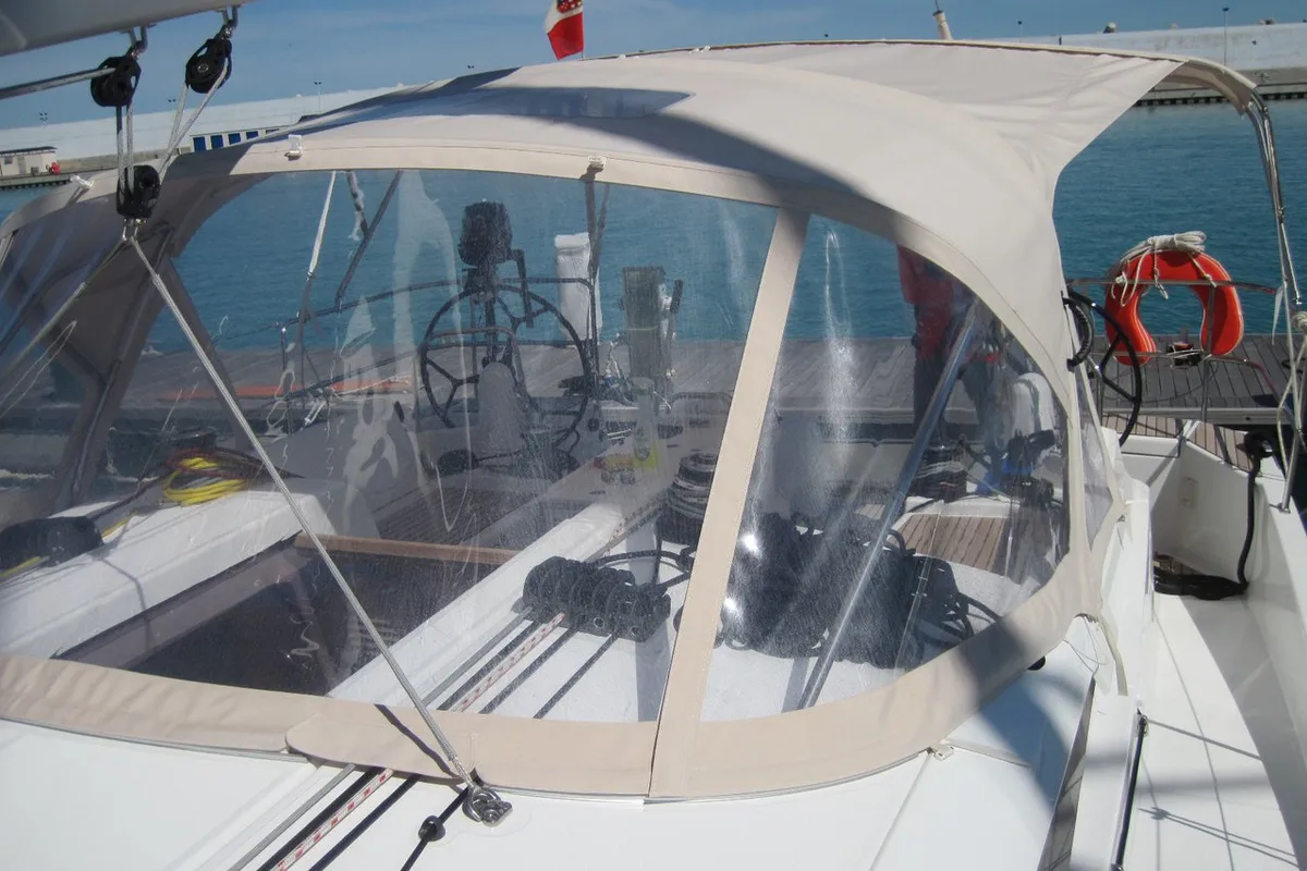 Deck of Enrica, a Jeanneau Sun Odyssey 440 sailboat at Capo d'Orlando, Italy
