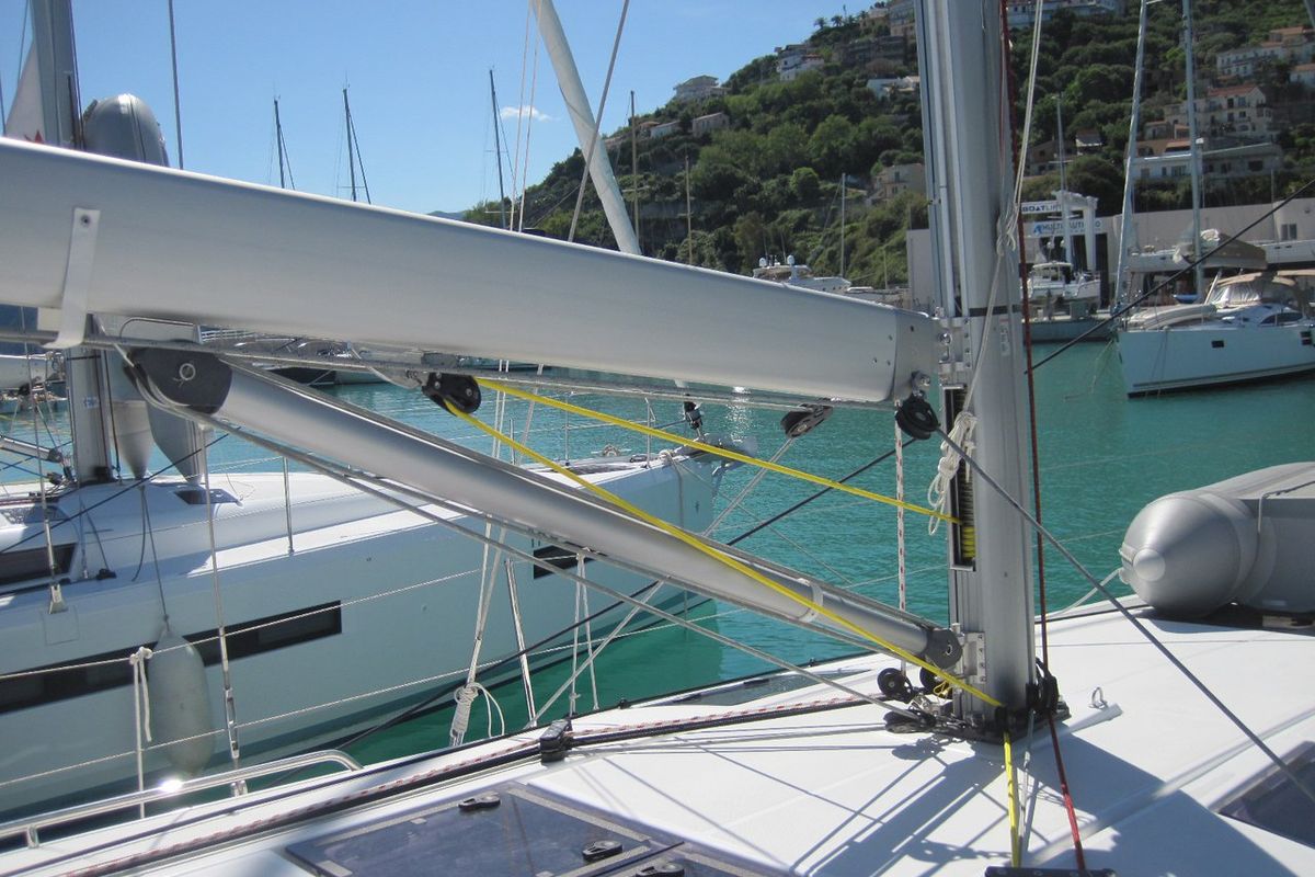 Deck of Enrica, a Jeanneau Sun Odyssey 440 sailboat at Capo d'Orlando, Italy