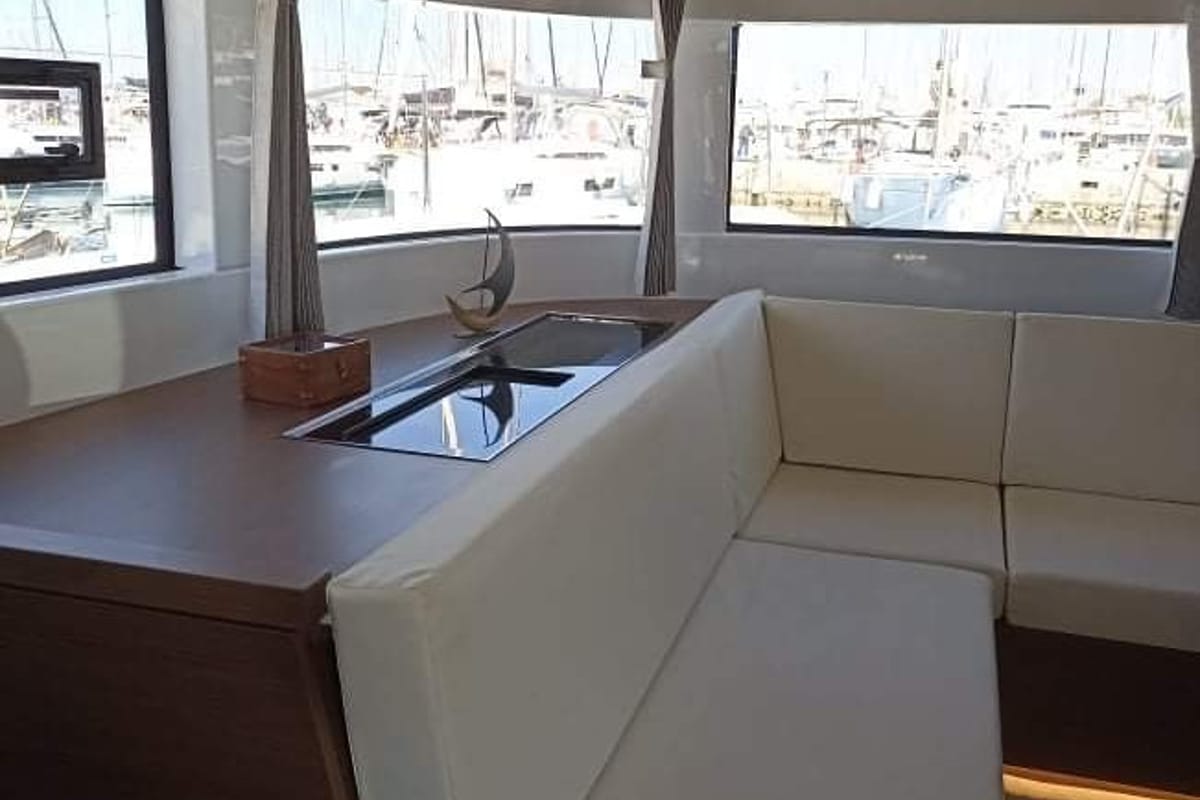 Salon of Silhouette, a Lagoon 50 catamaran at Athens, Greece