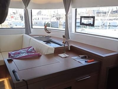 Salon of Silhouette, a Lagoon 50 catamaran at Athens, Greece