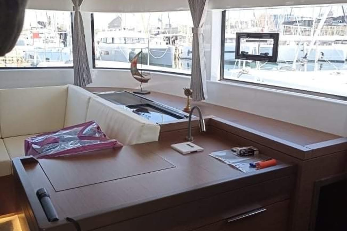 Salon of Silhouette, a Lagoon 50 catamaran at Athens, Greece