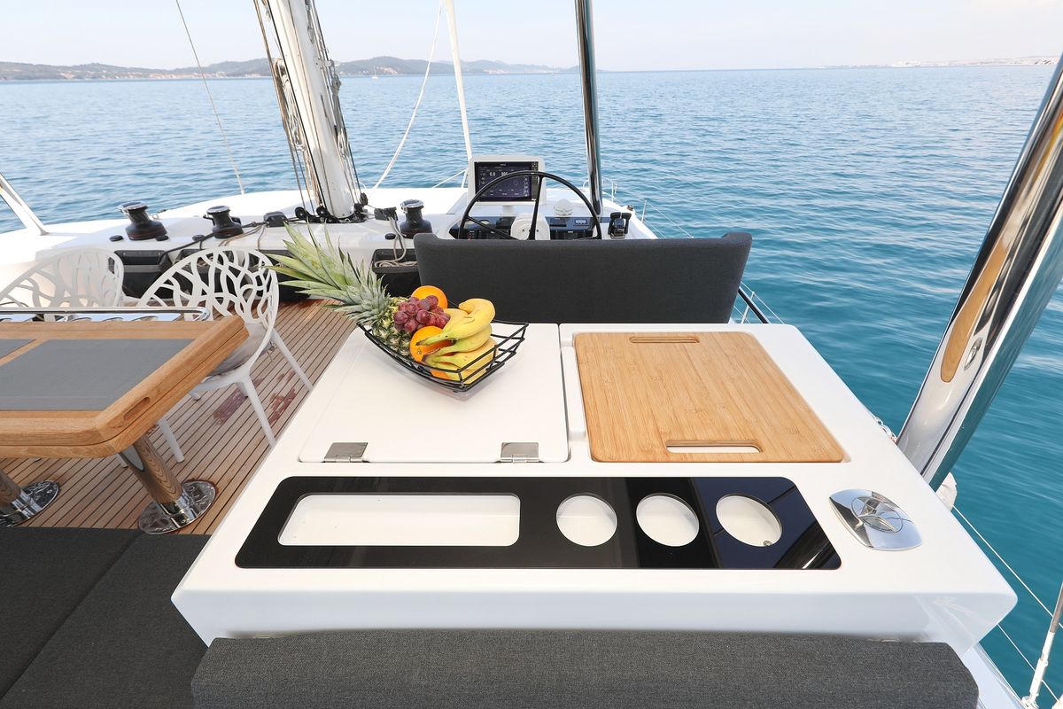 Cockpit of NOMAD, a Lagoon 55 catamaran at Split, Croatia
