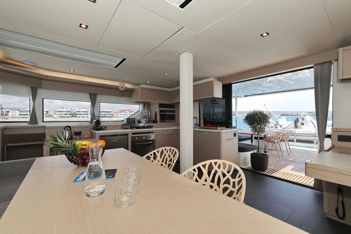 Salon of NOMAD, a Lagoon 55 catamaran at Split, Croatia