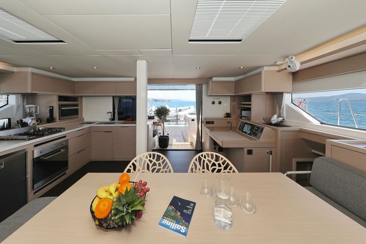 Salon of NOMAD, a Lagoon 55 catamaran at Split, Croatia