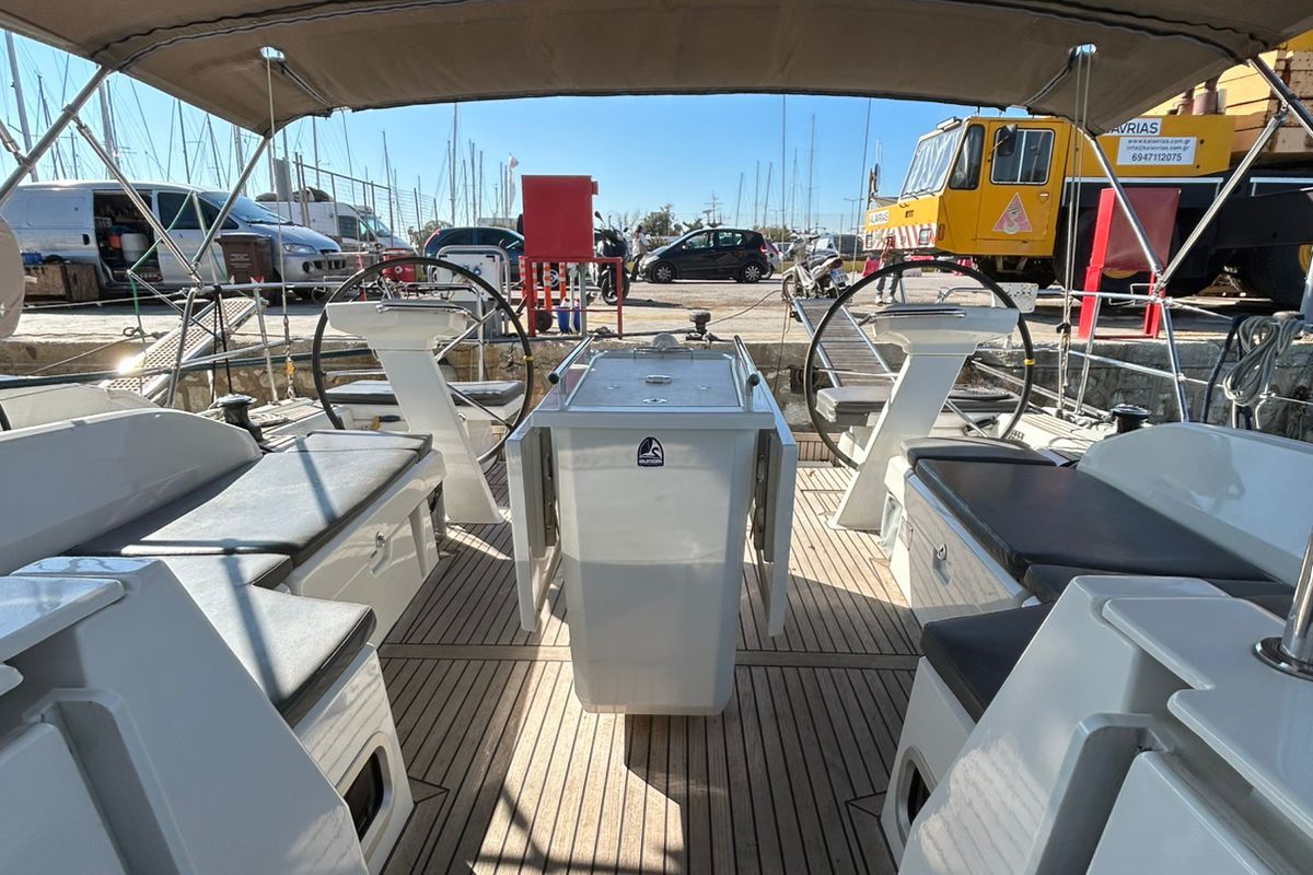 Cockpit of Blue Satellite, a Beneteau Oceanis 46.1 sailboat at Athens, Greece