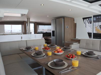 Salon of ALINA II, a Bali 4.6 catamaran at Preveza, Greece