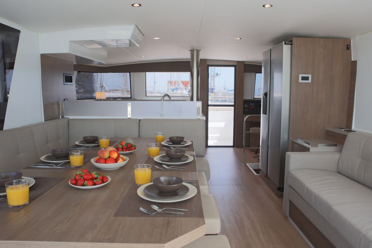 Salon of ALINA II, a Bali 4.6 catamaran at Preveza, Greece
