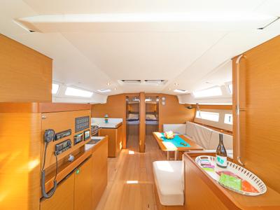 Salon of Funsea, a Jeanneau Sun Odyssey 490 sailboat at Gouvia, Greece