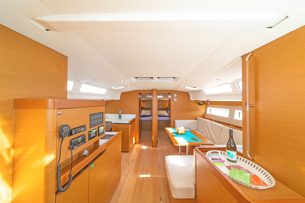 Salon of Funsea, a Jeanneau Sun Odyssey 490 sailboat at Gouvia, Greece