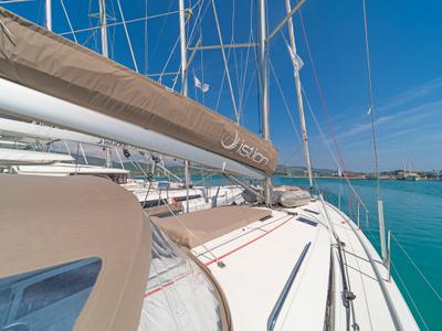 Deck of Funsea, a Jeanneau Sun Odyssey 490 sailboat at Gouvia, Greece