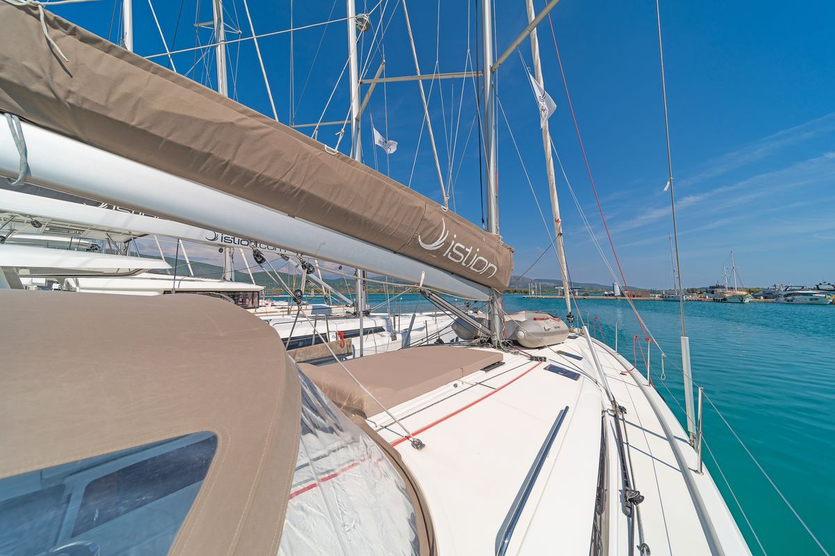 Deck of Funsea, a Jeanneau Sun Odyssey 490 sailboat at Gouvia, Greece