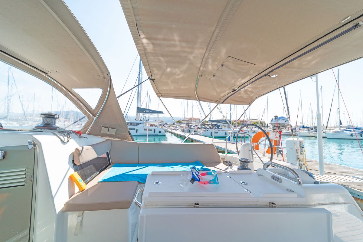 Cockpit of Funsea, a Jeanneau Sun Odyssey 490 sailboat at Gouvia, Greece