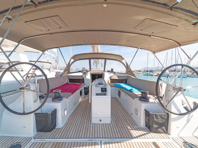 Cockpit of Funsea, a Jeanneau Sun Odyssey 490 sailboat at Gouvia, Greece