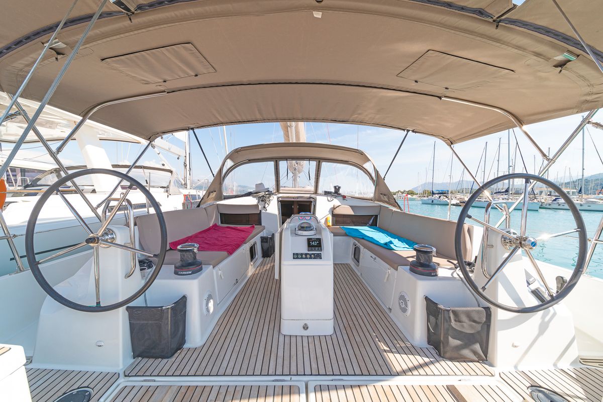 Cockpit of Funsea, a Jeanneau Sun Odyssey 490 sailboat at Gouvia, Greece
