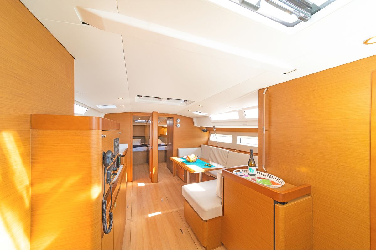 Salon of Funsea, a Jeanneau Sun Odyssey 490 sailboat at Gouvia, Greece