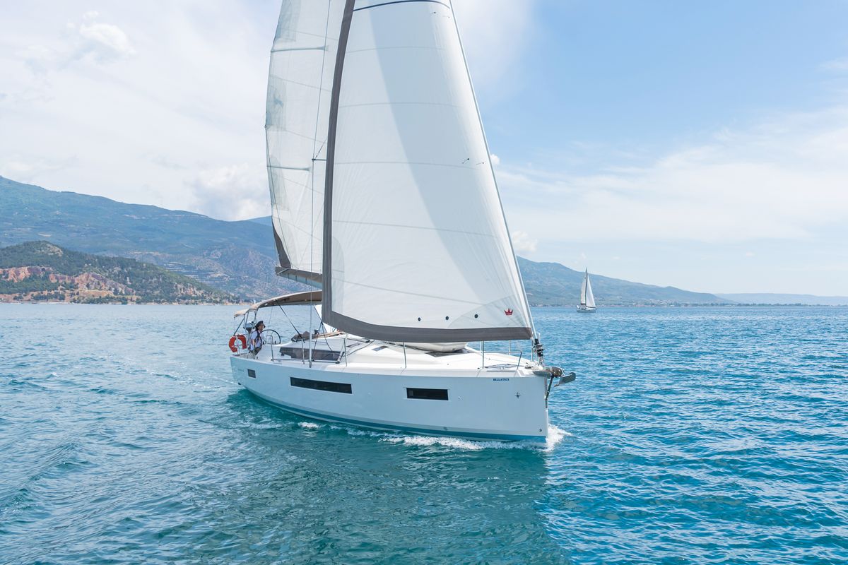 Exterior view of Funsea, a Jeanneau Sun Odyssey 490 sailboat at Gouvia, Greece