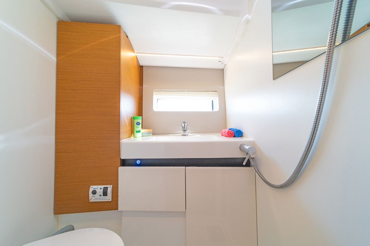 Head on Funsea, a Jeanneau Sun Odyssey 490 sailboat at Gouvia, Greece