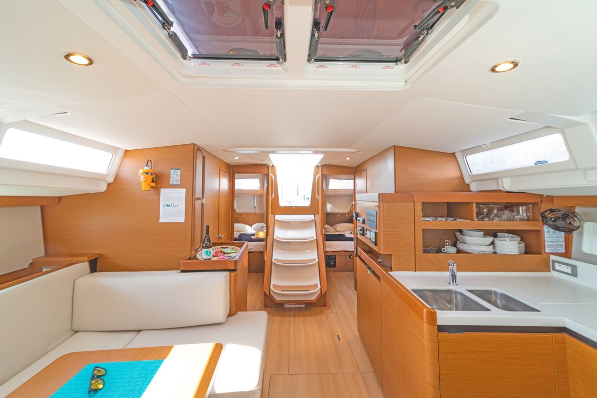 Galley of Funsea, a Jeanneau Sun Odyssey 490 sailboat at Gouvia, Greece