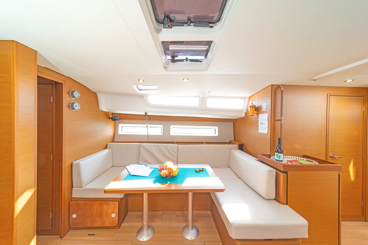 Salon of Funsea, a Jeanneau Sun Odyssey 490 sailboat at Gouvia, Greece