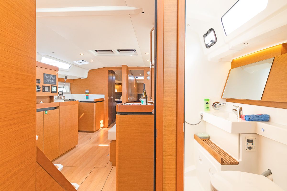 Head on Funsea, a Jeanneau Sun Odyssey 490 sailboat at Gouvia, Greece