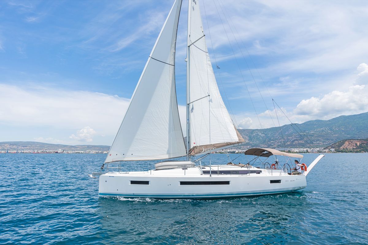 Exterior view of Funsea, a Jeanneau Sun Odyssey 490 sailboat at Gouvia, Greece