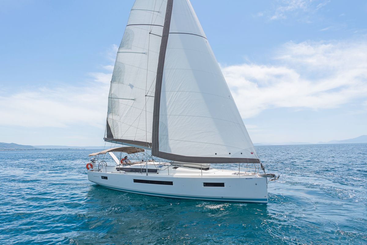 Exterior view of Funsea, a Jeanneau Sun Odyssey 490 sailboat at Gouvia, Greece