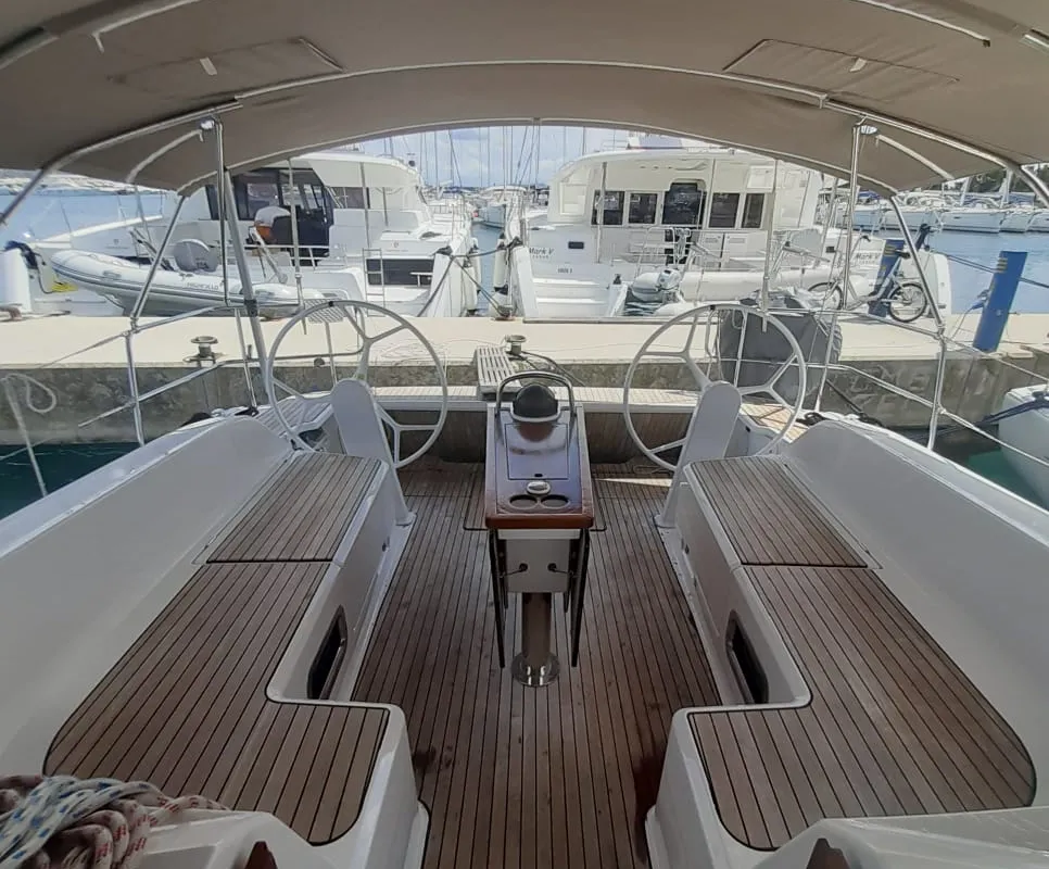 Cockpit of PENELOPE, a Bavaria Cruiser 46 sailboat at Općina Sukošan, Croatia