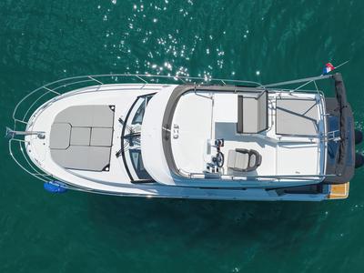 Deck of Raptor, a Jeanneau Merry Fisher 1095 Fly motorboat at Grad Biograd na Moru, Croatia