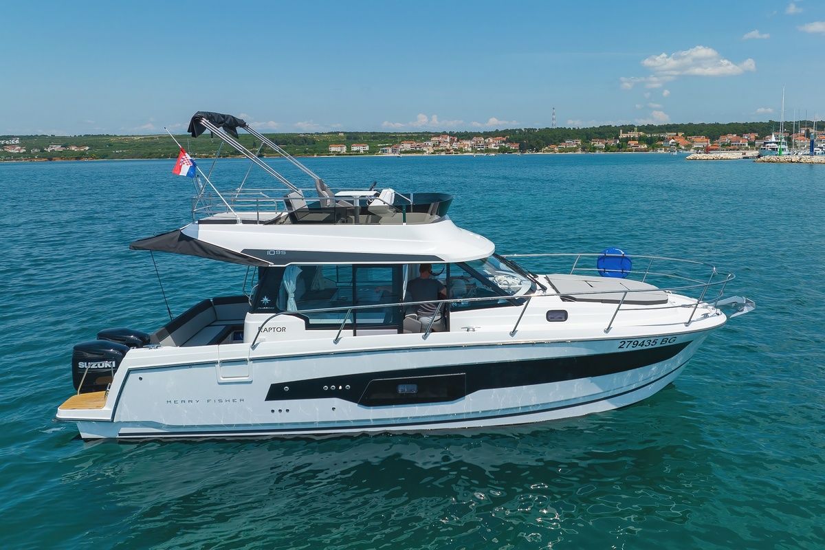 Exterior view of Raptor, a Jeanneau Merry Fisher 1095 Fly motorboat at Grad Biograd na Moru, Croatia