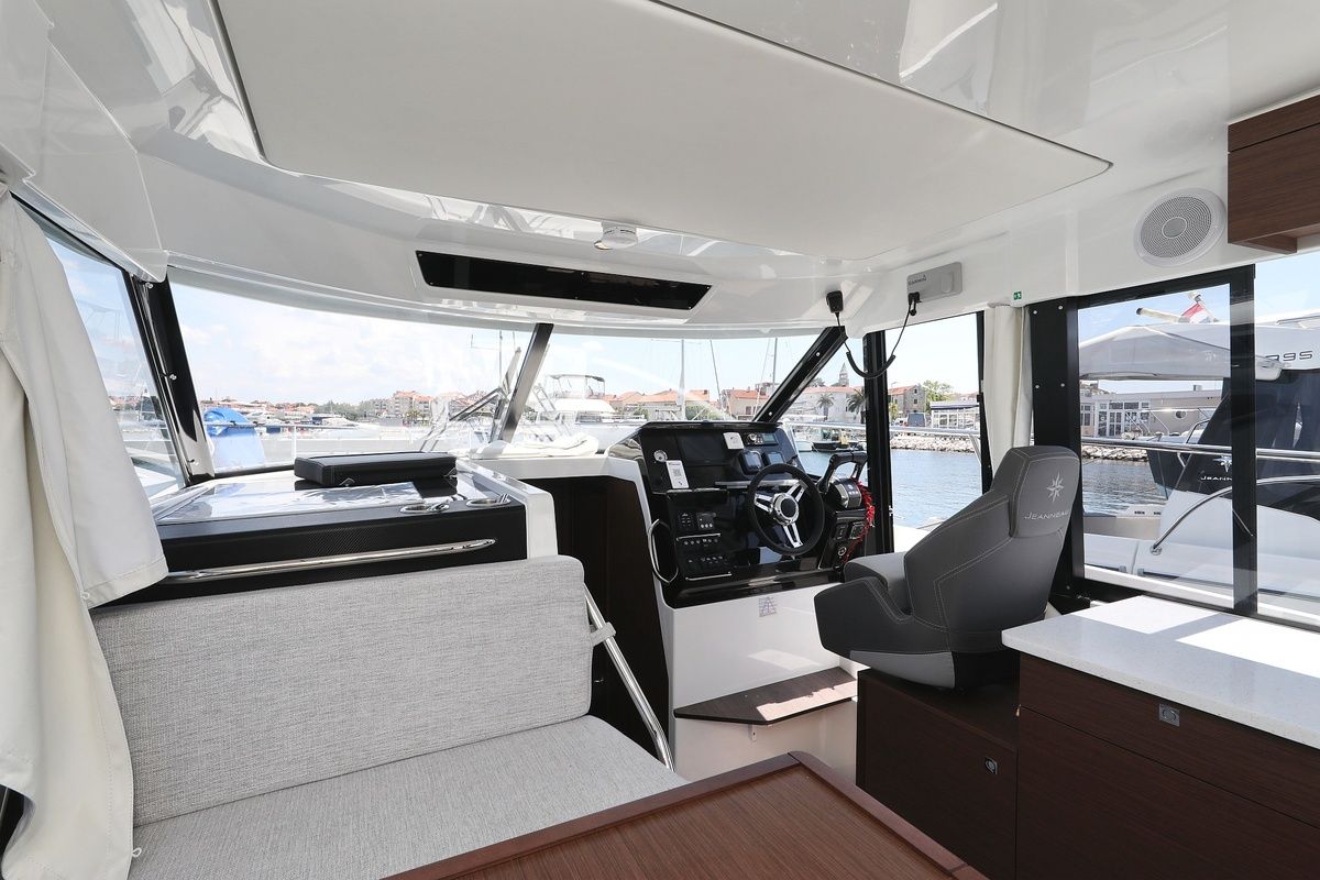 Salon of Raptor, a Jeanneau Merry Fisher 1095 Fly motorboat at Grad Biograd na Moru, Croatia
