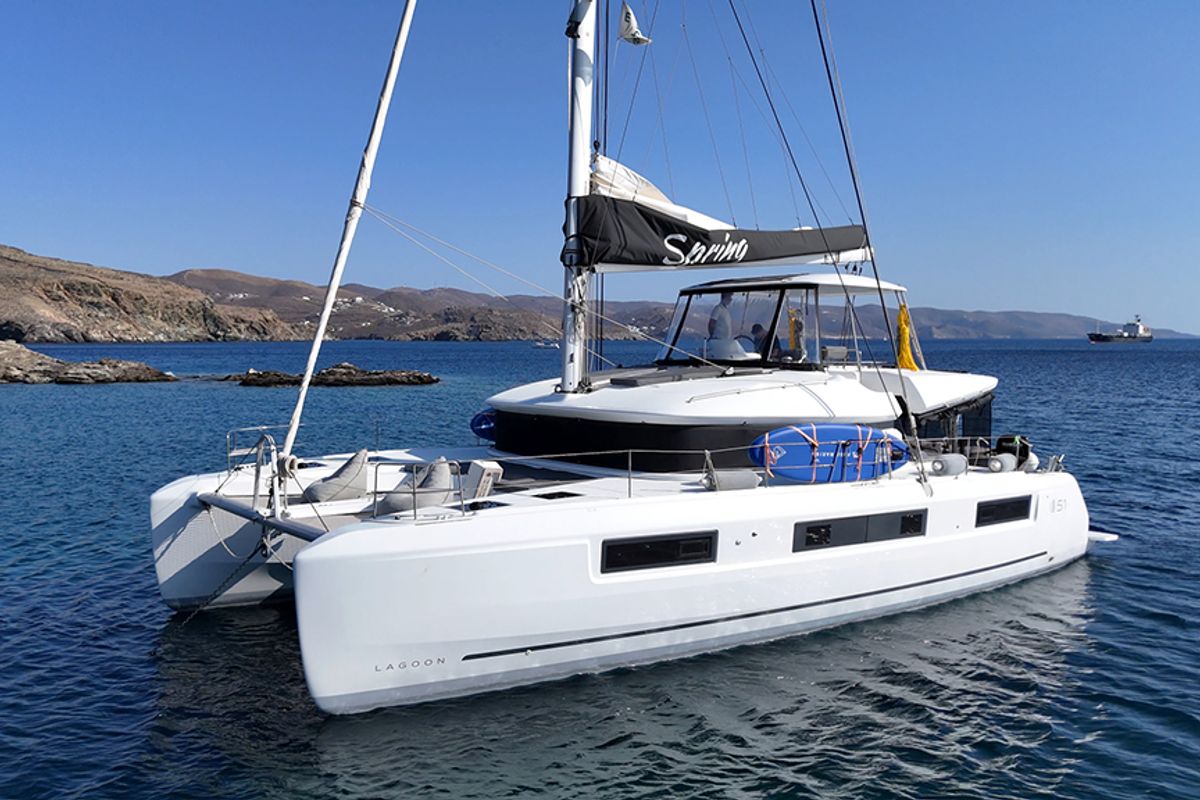 Exterior view of Spring, a Lagoon 51 catamaran at Athens, Greece
