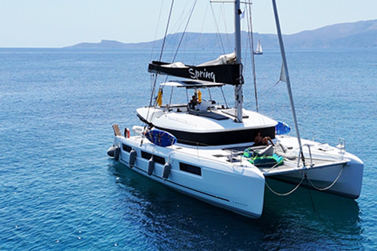 Exterior view of Spring, a Lagoon 51 catamaran at Athens, Greece